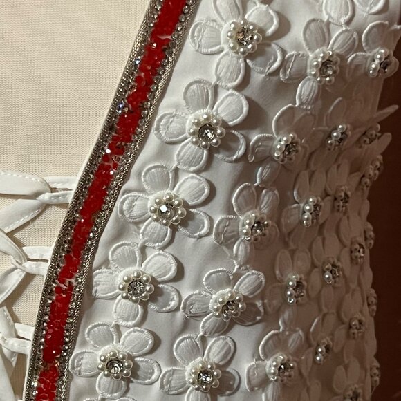 Monaco Boho-Style White M Maxi Dress Pearl Lace High-Low Corset Made in France - Picture 9 of 16